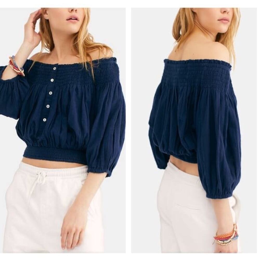 Free People Dancing Navy Off Shoulder Top Small Till Dawn Smocked Button